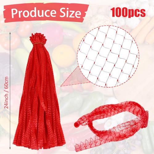 100Pcs Reusable Mesh Produce Bags, 16 Inch Stretchable Netting - Red