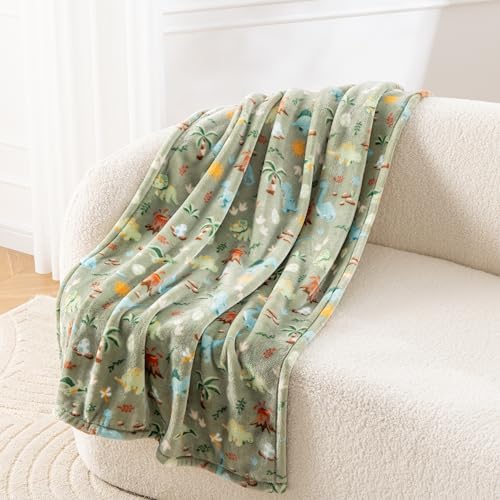 Berkshire VelvetLoft Throw Blanket 30x40 in - Soft Fleece Couch & Travel Cover, Dino Pattern, Sage