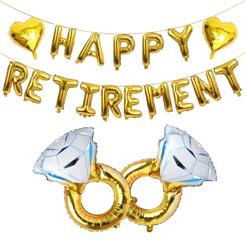 Happy Retirement Balloon Set - Gold Letter Banner & Heart Balloons