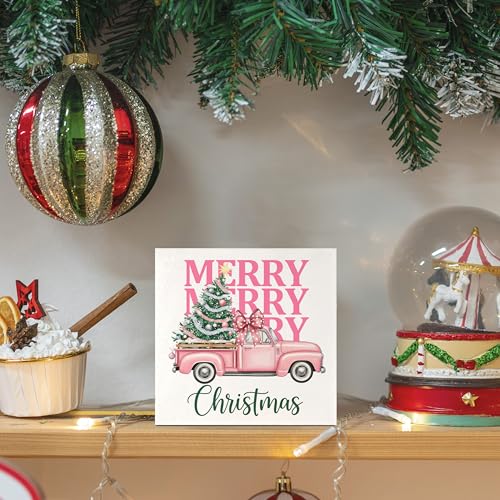 Pink Christmas Truck Wooden Box Sign Preppy Holiday Home Decor 5x5 Inch