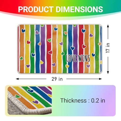 Pride Love Wins Rainbow Striped Hearts Door Mat - 17x29 Inches