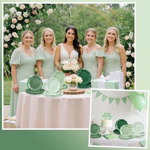 NatNarr Sage Green Plates & Napkins Set for Parties, 24 Guests, Scalloped Edges
