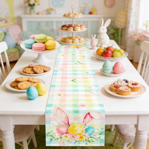 Easter Table Runner 13x72 Inch Pastel Plaid Linen with Bunny Ears and Spring Florals
