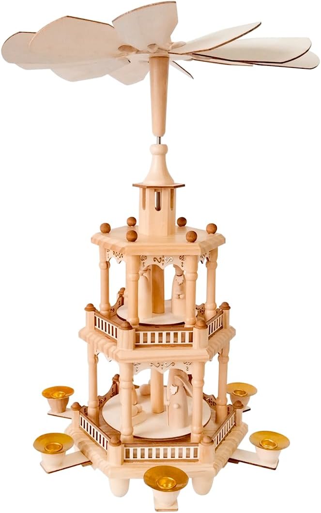 Rotating Christmas Pyramids | 17-Inch Wooden Nativity Scene with 6 Candle Holders & 3 Tiers