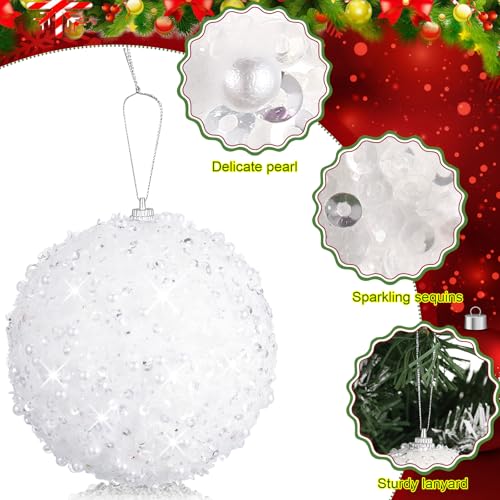 White Christmas Ball Ornaments 3.15 Inch Glitter Sequin Set of 8