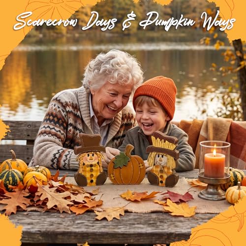 Colingmill 3 Pcs Rustic Fall Scarecrow and Pumpkin Wooden Tabletop Decor Set