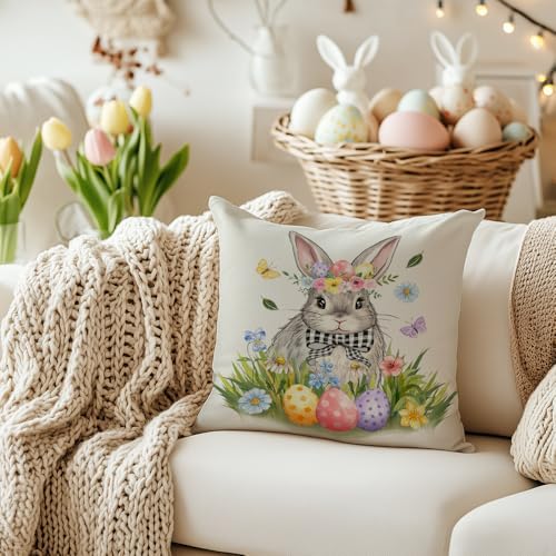 Easter Bunny Floral Pillow Cover 18x18 Inch - Holiday Decor