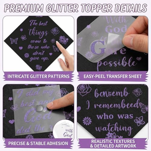 2026 Graduation Cap Decorations - 12 Pcs Purple Glitter Stickers & DIY Toppers