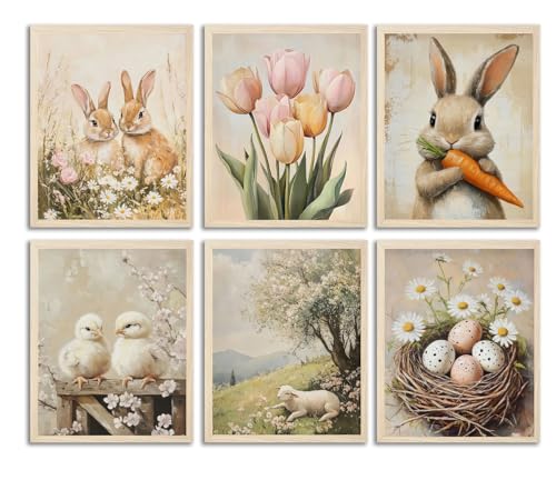 Easter Wall Art Set - 6 Vintage Canvas Prints, 8x10 Inch