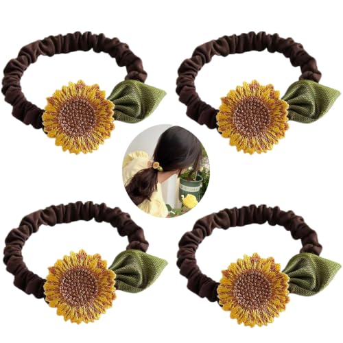 Brown Sunflower Scrunchies Hair Ties 4 Pcs, Elastic Ponytail Holders