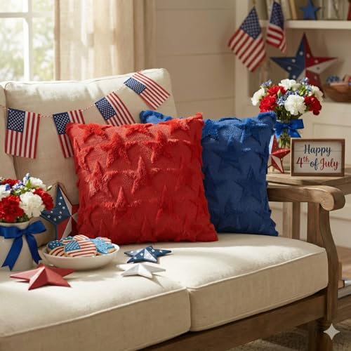 AVOIN Patriotic Stars Throw Pillow Covers, 18x18 Red & Blue, Set of 2