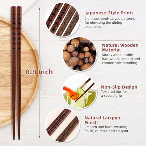 Antner 5 Pairs Reusable Hardwood Chopsticks - Minimalist Line Art Design
