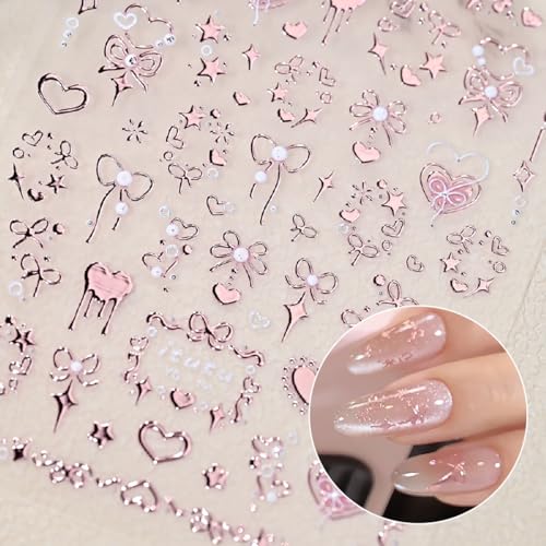 5D Embossed Rose Gold Bow & Heart Nail Stickers Self-Adhesive Decals