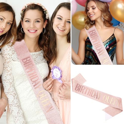 Rose Gold Birthday Queen Satin Sash with Glitter Foil Letters