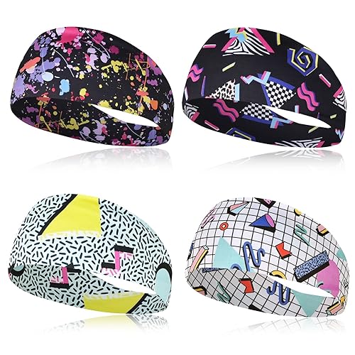 Degpum 80s 90s Retro Wide Headbands 4 Pcs Vintage Sweatbands