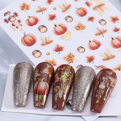 Fall Pumpkin & Maple Leaf Nail Stickers 3D Self-Adhesive Art Decals 5 Sheets