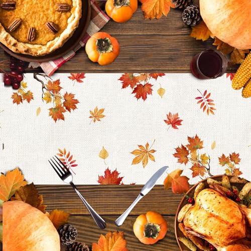 Fall Linen Table Runner 13x54 Inches - Autumn Pumpkin & Maple Leaf Design