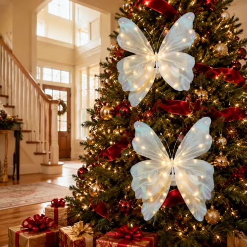Large Christmas Butterfly Tree Topper - 3D LED Decor for Holiday Tree