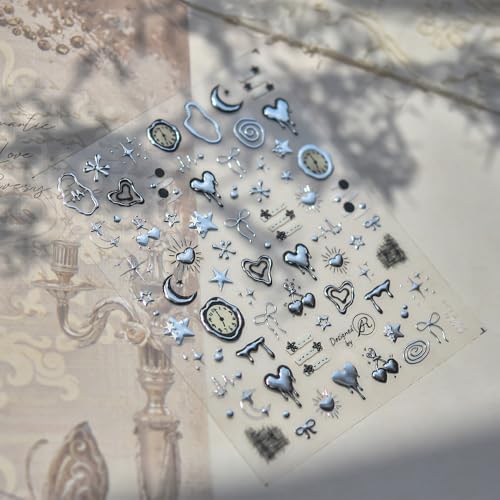 Silver 3D Embossed Self-Adhesive Heart Star Nail Art Stickers