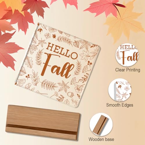 Fall Acrylic Sign with Wooden Base - 4x4 Inch Thanksgiving & Autumn Office Desk Decor