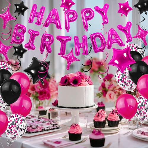 56-Piece Happy Birthday Balloon Set in Rose Red & Black