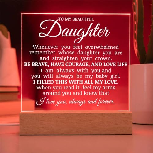 LED Square Acrylic Plaque - Inspirational Gift for Daughter with Wooden Base