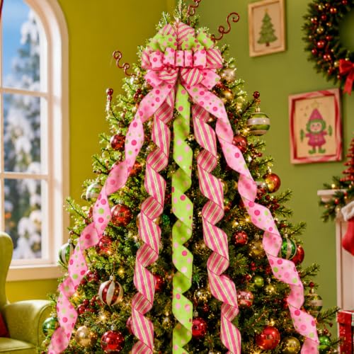 Large Christmas Tree Topper Bow - Pink, Yellow Green Polka Dot Ribbons, 45x13 Inch