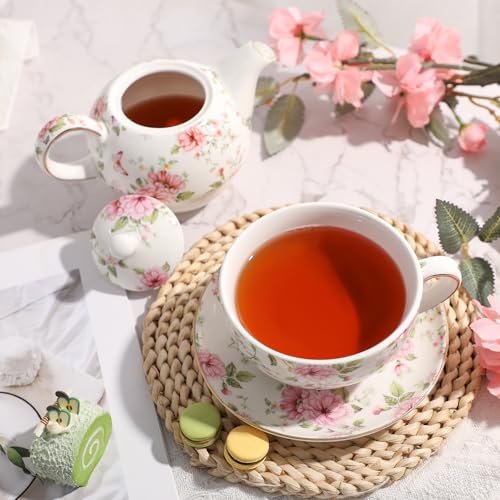 Ceramic Tea Cup Set with Teapot and Saucer - Cg1 Variation