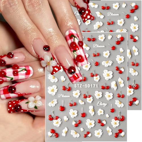 5D Flower Nail Stickers Embossed Cherry Floral Decals DIY Manicure 2 Sheets
