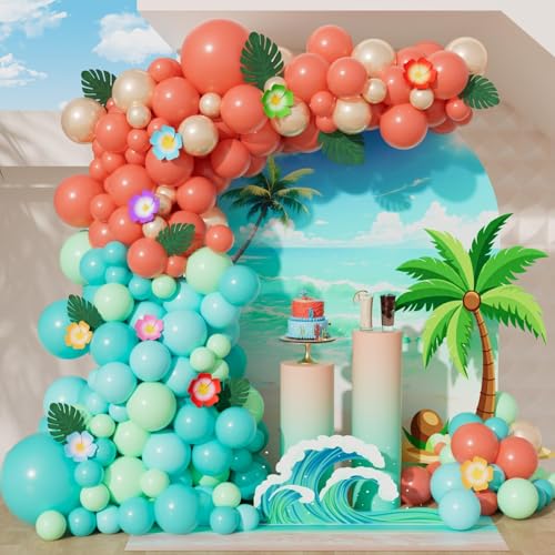 151pcs Tropical Balloon Arch Kit - Coral Red, Green, Blue, Gold