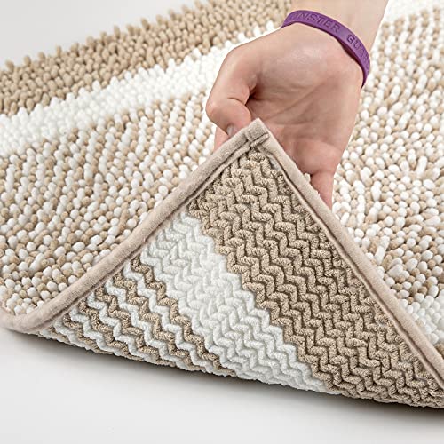 MILVOWOC Chenille Shaggy Bath Mat, 17x24 Inch, Non-Slip Khaki & White