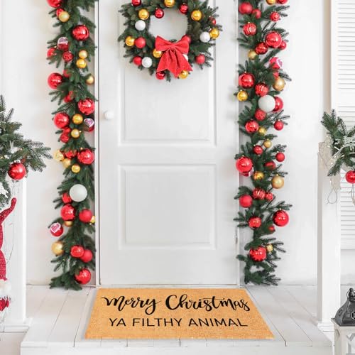 Christmas Doormat Natural Coir Welcome Rug with Funny 'Ya Filthy Animal' Quote 16.5 x 29 Inches