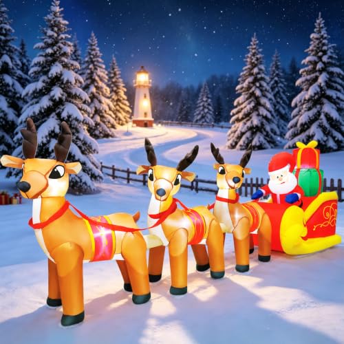 12FT Christmas Inflatable Santa Claus with 3 Reindeer Scene Outdoor Decor - Durable & Lighted