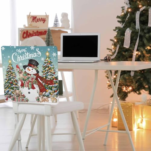 4 Pcs Teal Christmas Snowman Chair Back Covers - Winter Dining Decor
