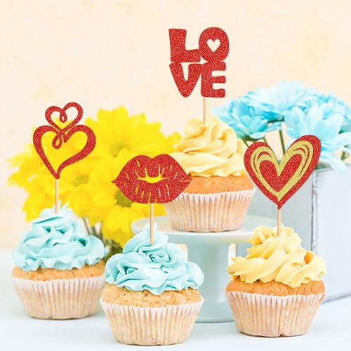 Valentine's Day Glitter Cupcake Toppers 24 Pcs Heart Cake Picks