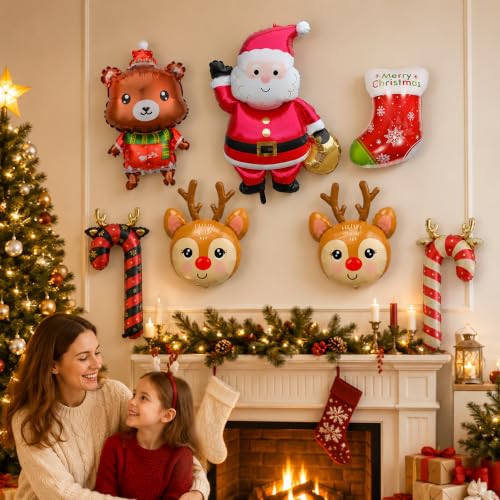 7 Pcs Christmas Foil Balloons Set - Santa Reindeer Bear Candy Cane Xmas Decorations