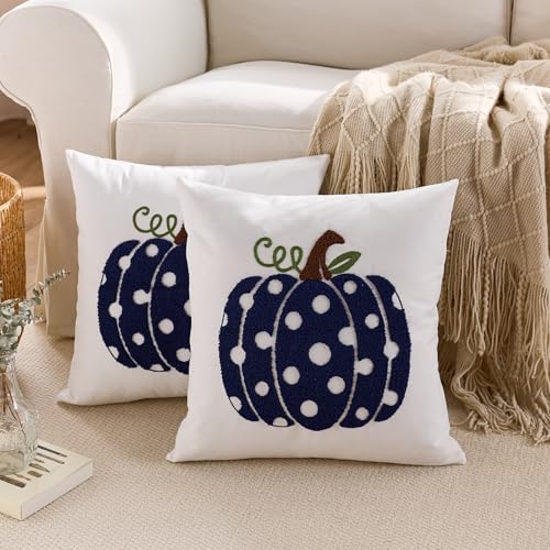 Set of 2 Blue Pumpkin Fall Pillow Covers 16x16 for Autumn Decor