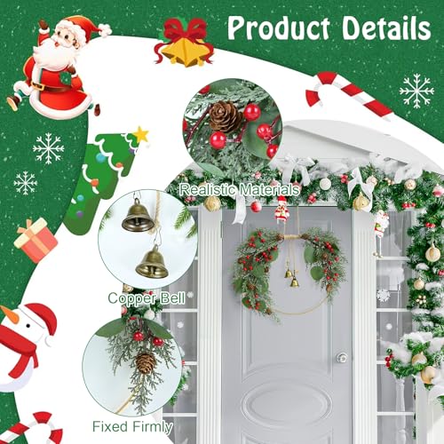 Christmas Wreath for Front Door Artificial Half Circle Wreath with Bell Pine Cones Red Berries Eucalyptus - Red