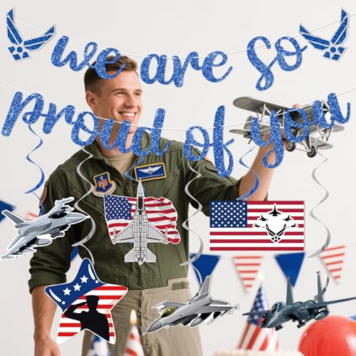 Air Force Party Decorations Set - Proud of You Banner & Swirls