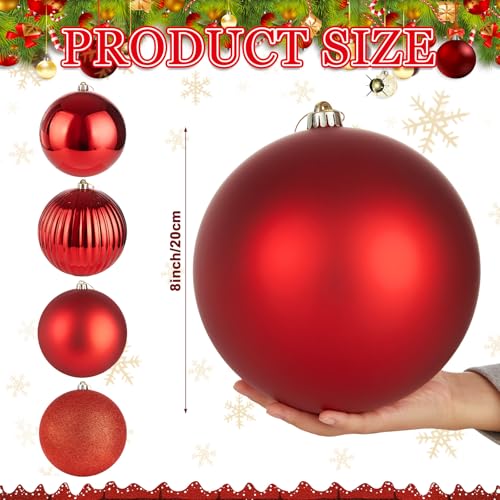 4 Pack 8-Inch Oversized Red Christmas Ball Ornaments - Large Plastic Holiday Tree Decor