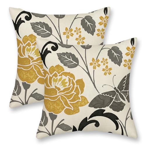 Mustard Yellow Vintage Floral Throw Pillow Covers 22x22" - 2 Pcs
