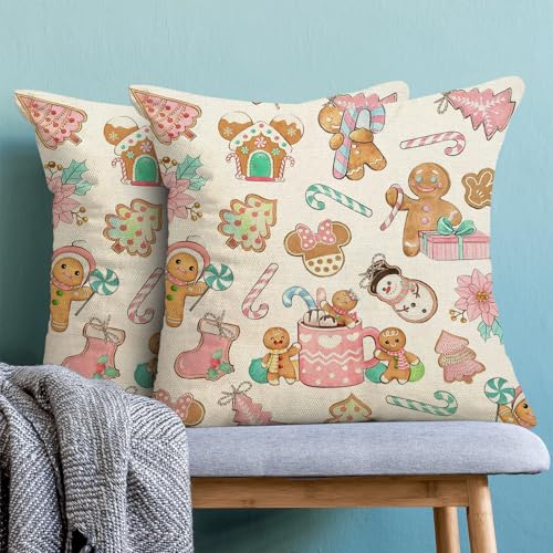 Pink Gingerbread Man Christmas Pillow Covers 18x18 - Set of 2