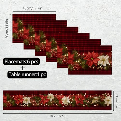 Christmas Table Runners and Placemats Set of 6 with Poinsettia - Red Plaid Holiday Decor 124