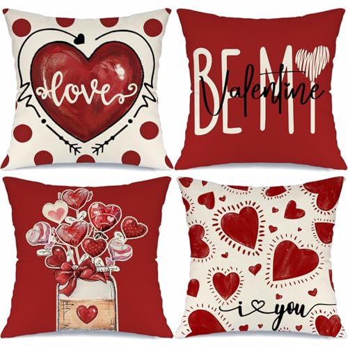 Valentine's Day Love Heart Polka Dot Pillow Covers 18x18, Set of 4