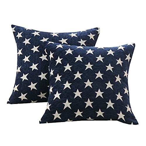 Chenille Throw Pillow Covers Set of 2 - 16x16 Navy Stars