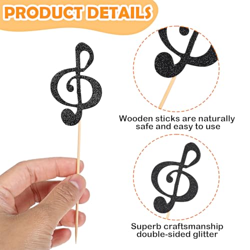 Black Glitter Musical Note Cupcake Toppers 30pcs for Music Parties