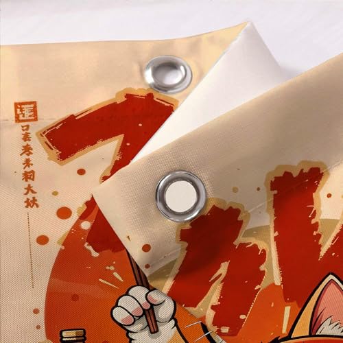 Funny Japanese Cat Shower Curtain, Red Orange Sushi Anime Design 72x72"