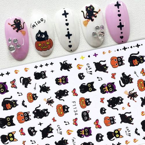 KAICCOSO 6-Sheet Halloween Nail Stickers Self-Adhesive Cat Ghost Pumpkin Decals