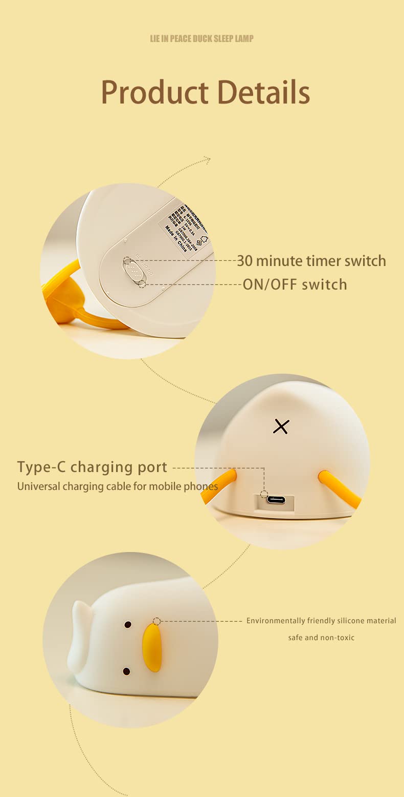ATSUI Duck Night Light, LED Squishy Novelty Animal Night Lamp, Food Grade Silicone, 3 Level Dimmable Rechargeable Nursery Nightlight for Breastfeeding Toddler Baby Kids