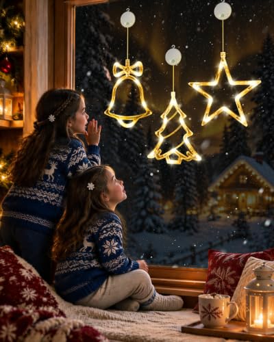 Rechargeable Christmas Window Lights with Bell Tree & Star Designs - Warm White, 3 Pack